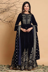 Navy Velvet Emboss Print Lehenga Choli Dupatta Set